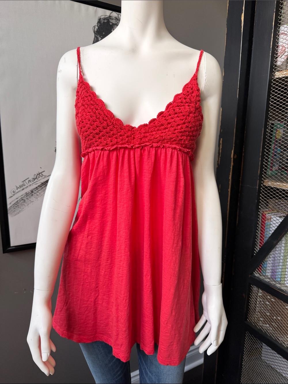 American Eagle Outfitters Red Crochet-Detail Dress